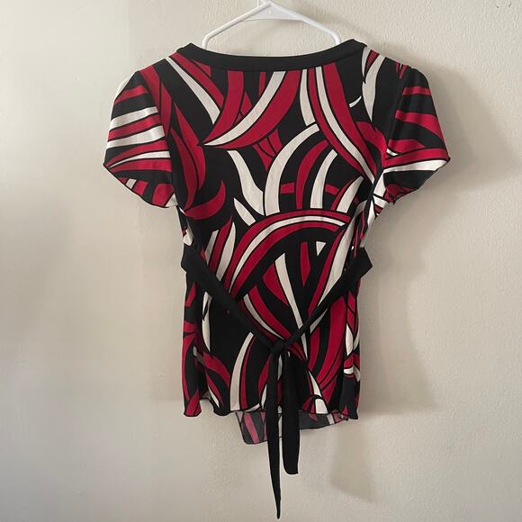 Y2K Babydoll Top Womens Small Faux Wrap Top w/ Split Sleeves Red Black Iz Byer - Picture 2 of 8